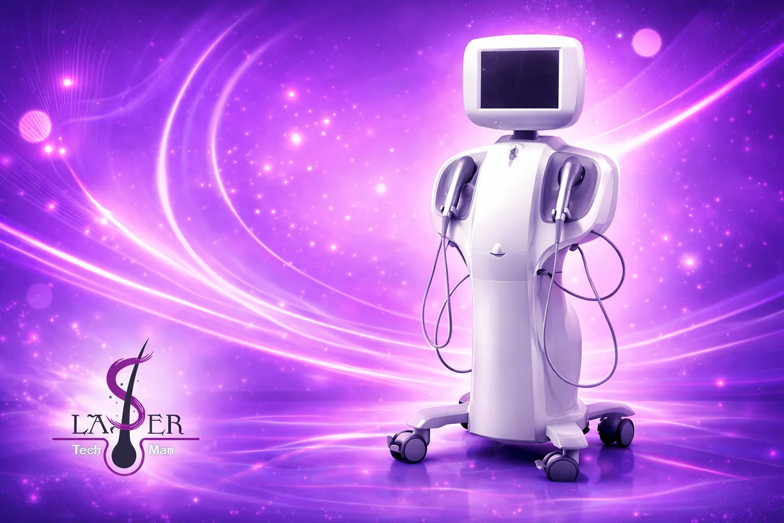 تصویر برندینگ دستگاه اولترا هایفو HIFU با پسزمینه بنفش گرادیانی و جلوههای نوری مدرن به همراه لوگوی Laser Tech Man