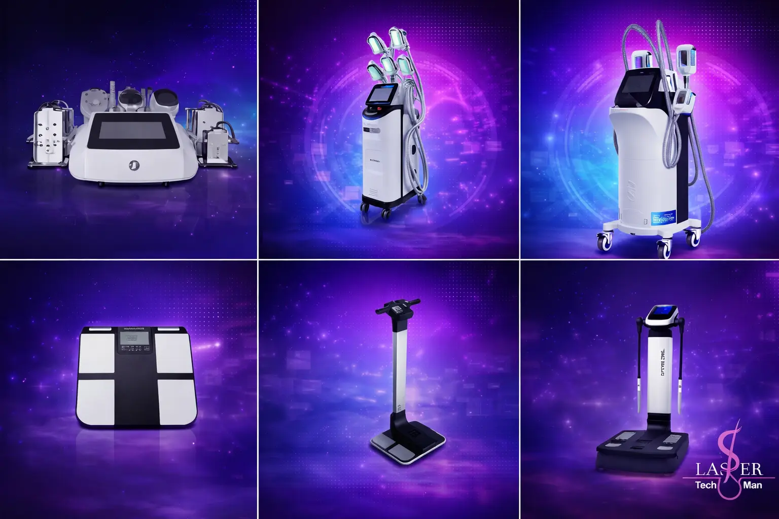 تصویر برندینگ دستهبندی دستگاههای لاغری کلینیکی شامل کرایولیپولیز، RF/کویتیشن، EMS و آنالیز بدن