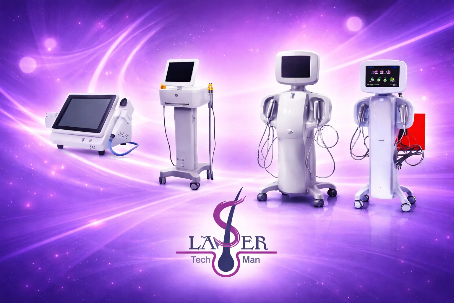 تصویر بنر تجهیزات جوانسازی پوست شامل دستگاههای HIFU و RF در طراحی برندینگ بنفش Laser Tech Man